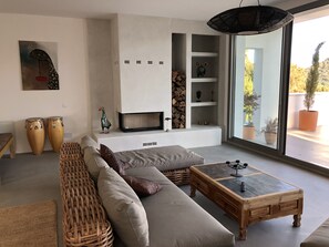 Smart TV, fireplace, music library