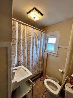 Combined shower/bathtub, hair dryer, towels, soap