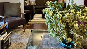 A living room with a sofa, a coffee table, a plant, and a bookshelf. - Fun Downtown Location 2nd flr (Southington)