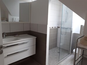 Shower, hair dryer, soap, toilet paper