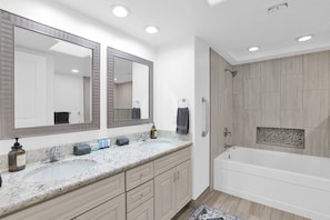 Combined shower/tub, hair dryer