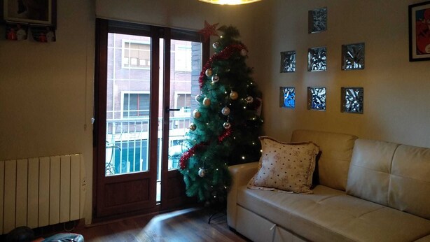 Una sala de estar con un árbol de Navidad, un sofá y un ventanal grande.