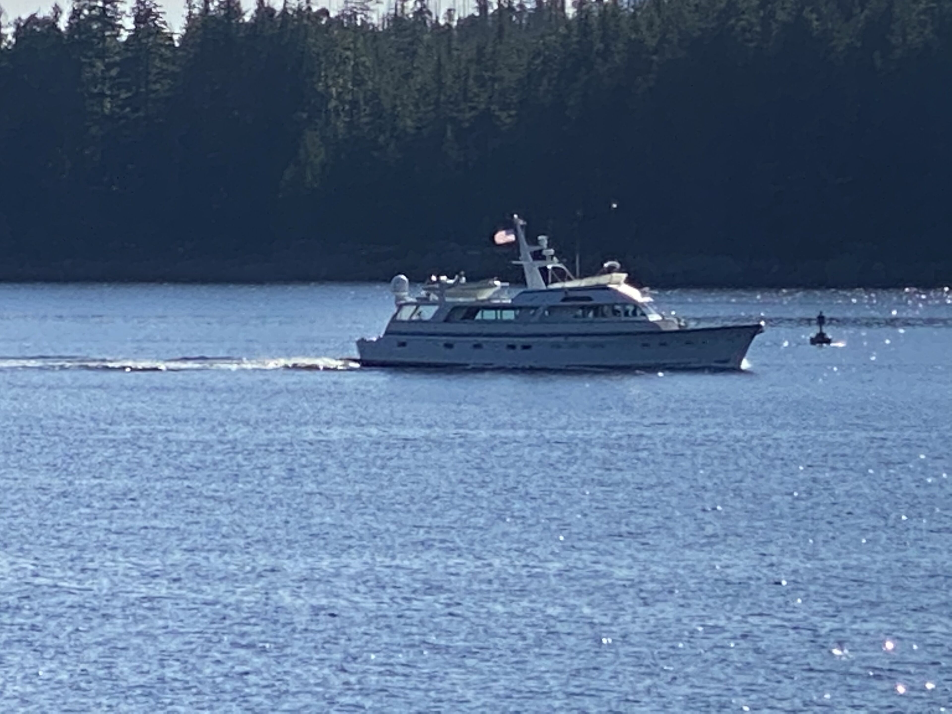 Eine große Yacht auf ruhigem Wasser, im Hintergrund eine bewaldete Küste.