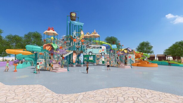 A water park with multiple slides and a colorful play structure. - Prime Location - Pool Table - BBQ - Walk to AT&T (Arlington)