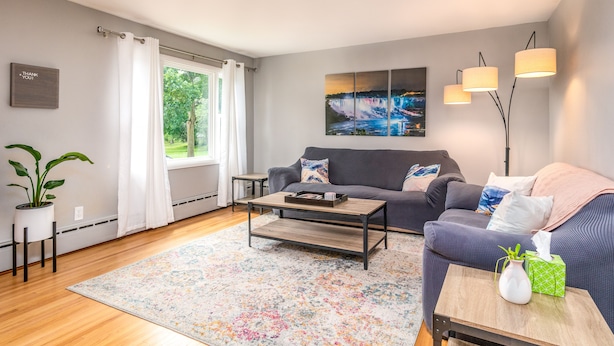 A modern living room with a grey sofa, a wooden coffee table, and a colorful rug. There is a large window with curtains, a potted plant, and a painting on the wall. - Parkside Estate, Niagara Falls, USA + Free Parking (Niagara Falls)