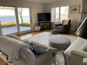 Smart TV, fireplace, books, printers