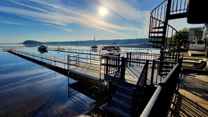 A pier extending into calm water with boats docked, a clear sky, and distant land.