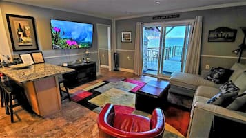 Smart TV, fireplace, video games, DVD player
