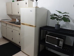 Compact kitchen with a refrigerator, microwave, and potted plant, featuring beige cabinetry and a small scale.