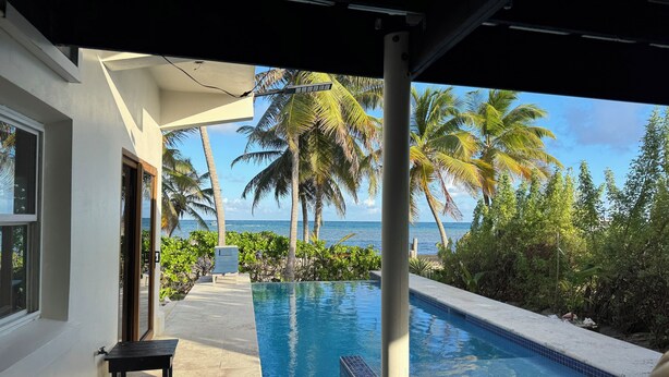 Ein Poolbereich mit Meerblick, umgeben von Palmen und einer überdachten Terrasse.