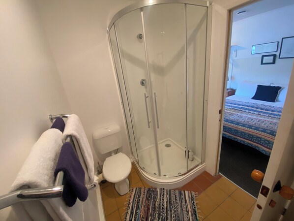 A bathroom with a glass shower enclosure, a toilet, and a towel rack with towels. - Studio in central Paihia - walk everywhere (Paihia)