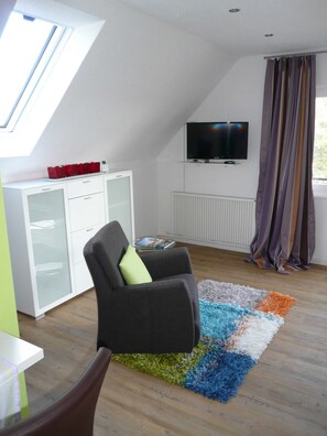 Un salon moderne avec une télévision, une vitrine, un canapé et un tapis coloré.