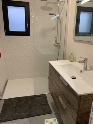 Regadera, secadora de cabello, toallas, papel de baño 