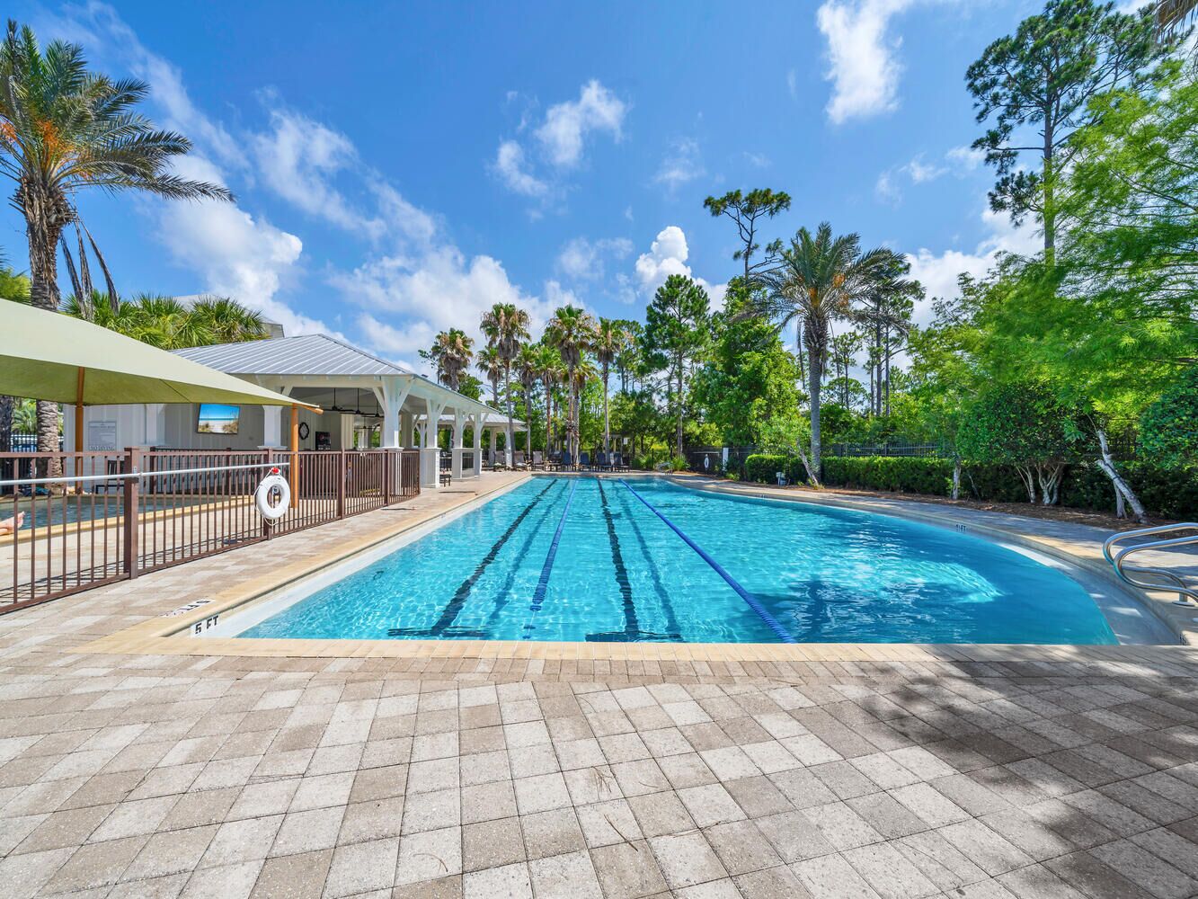 Una piscina con agua azul cristalina, rodeada por una terraza con baldosas y palmeras.
