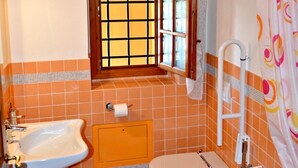 A bathroom with a sink, toilet, and shower area. - Libeccio studio apartment with panoramic view of the hills (Toscana)
