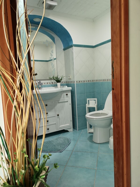 Une salle de bain avec un lavabo blanc, des toilettes et un sol carrelé de carreaux bleus.