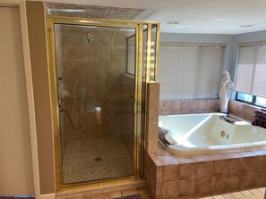 Bathtub, hair dryer, towels, soap
