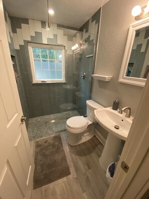 Douche, serviettes fournies, papier toilette