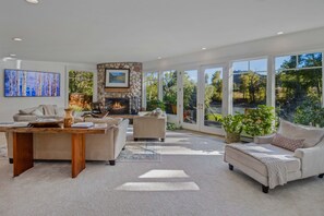 Smart TV, fireplace, ping pong, books