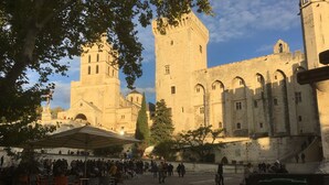 A courtyard with a large building featuring a tower and arched windows, surrounded by trees and a covered seating area. - La Suite N°3 Appt n°IV Charming historic center of Avignon (Avignon)