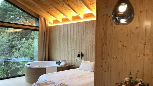 Un dormitorio moderno con una cama grande, una bañera y vistas a árboles a través de una ventana.