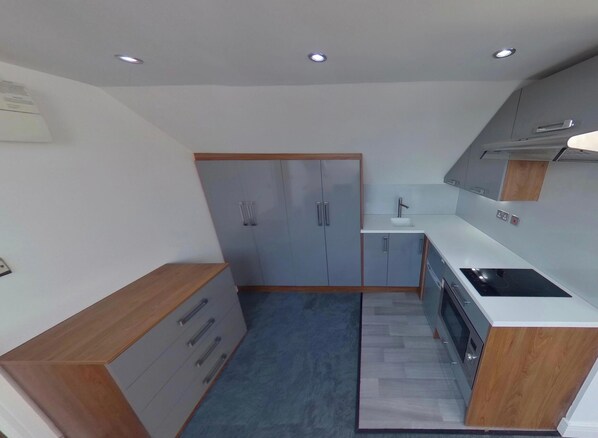 Fridge, microwave, stovetop, electric kettle