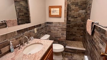 Combined shower/tub, hair dryer, towels