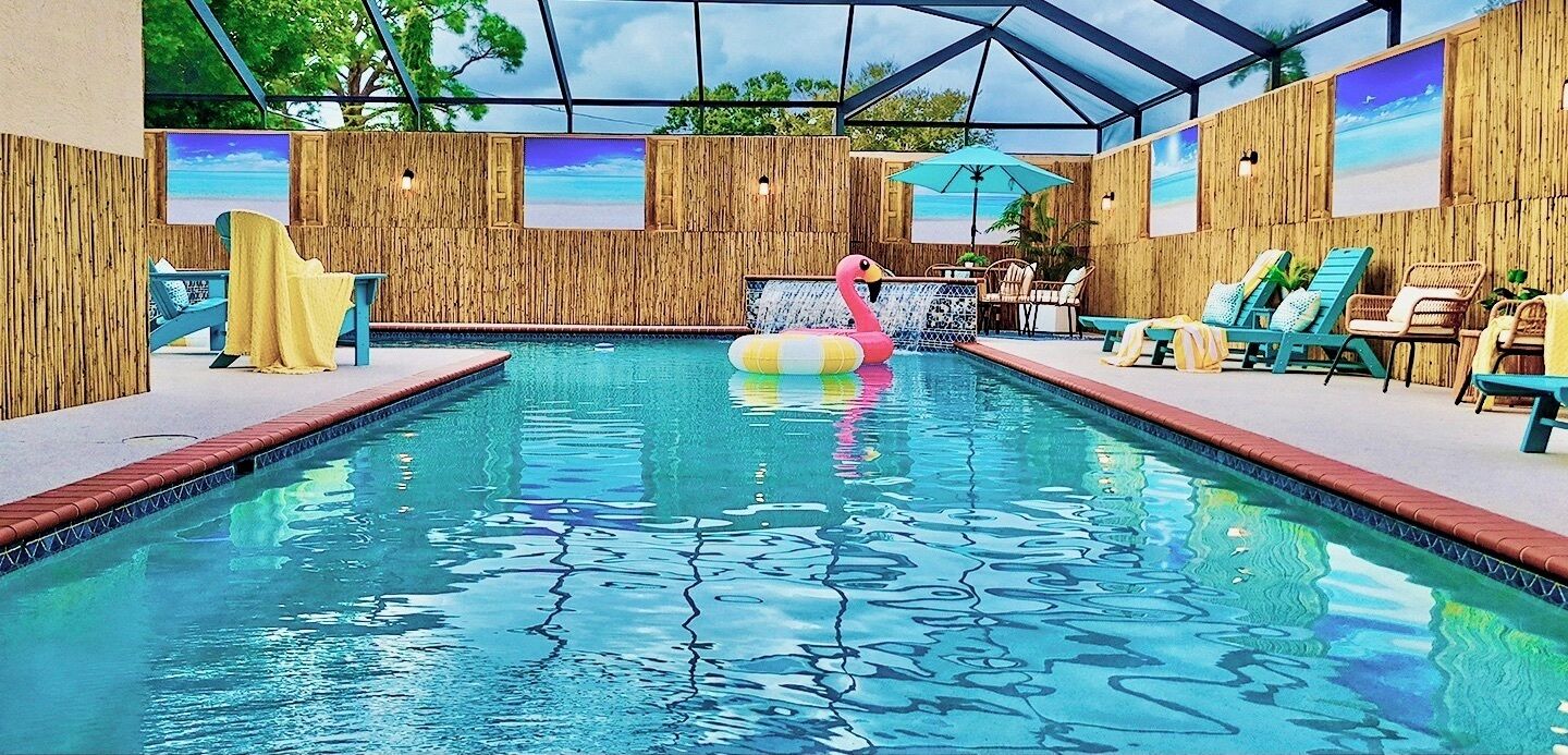 An indoor swimming pool with wooden walls, a wooden deck, and a glass ceiling.