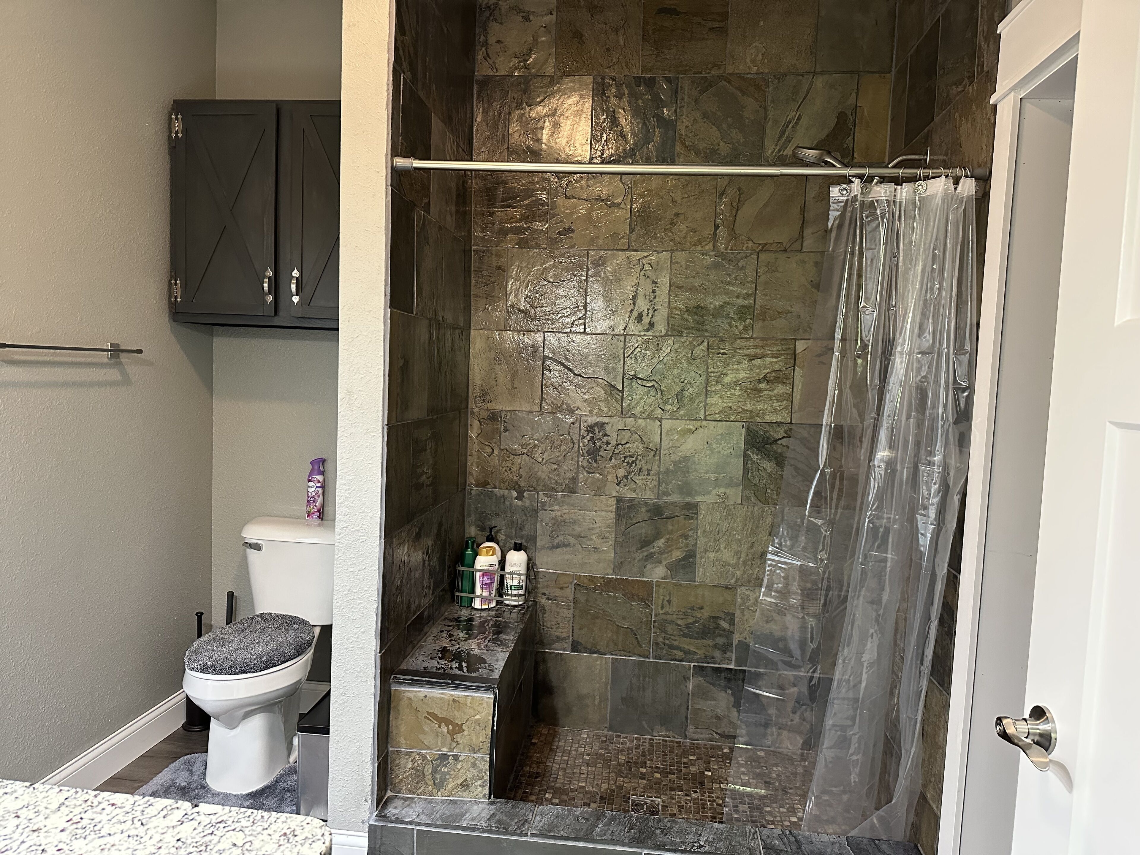 A bathroom with a shower, toilet, and a cabinet.