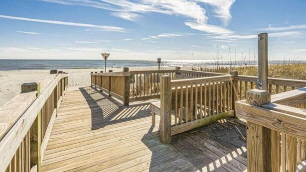 A wooden boardwalk leading to a beach with a clear sky and the sun shining. - NEED SPACE? Entire Townhouse-Large 2-Bdrm 1,150sf Steps to Beach. 5% Off 7Nights (Myrtle Beach)