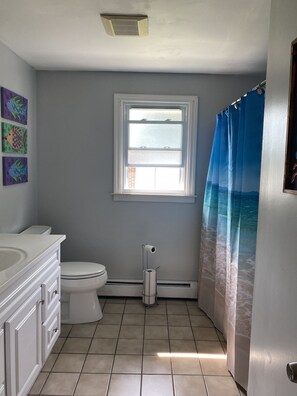 Ensemble douche/baignoire, serviettes fournies, savon, papier toilette