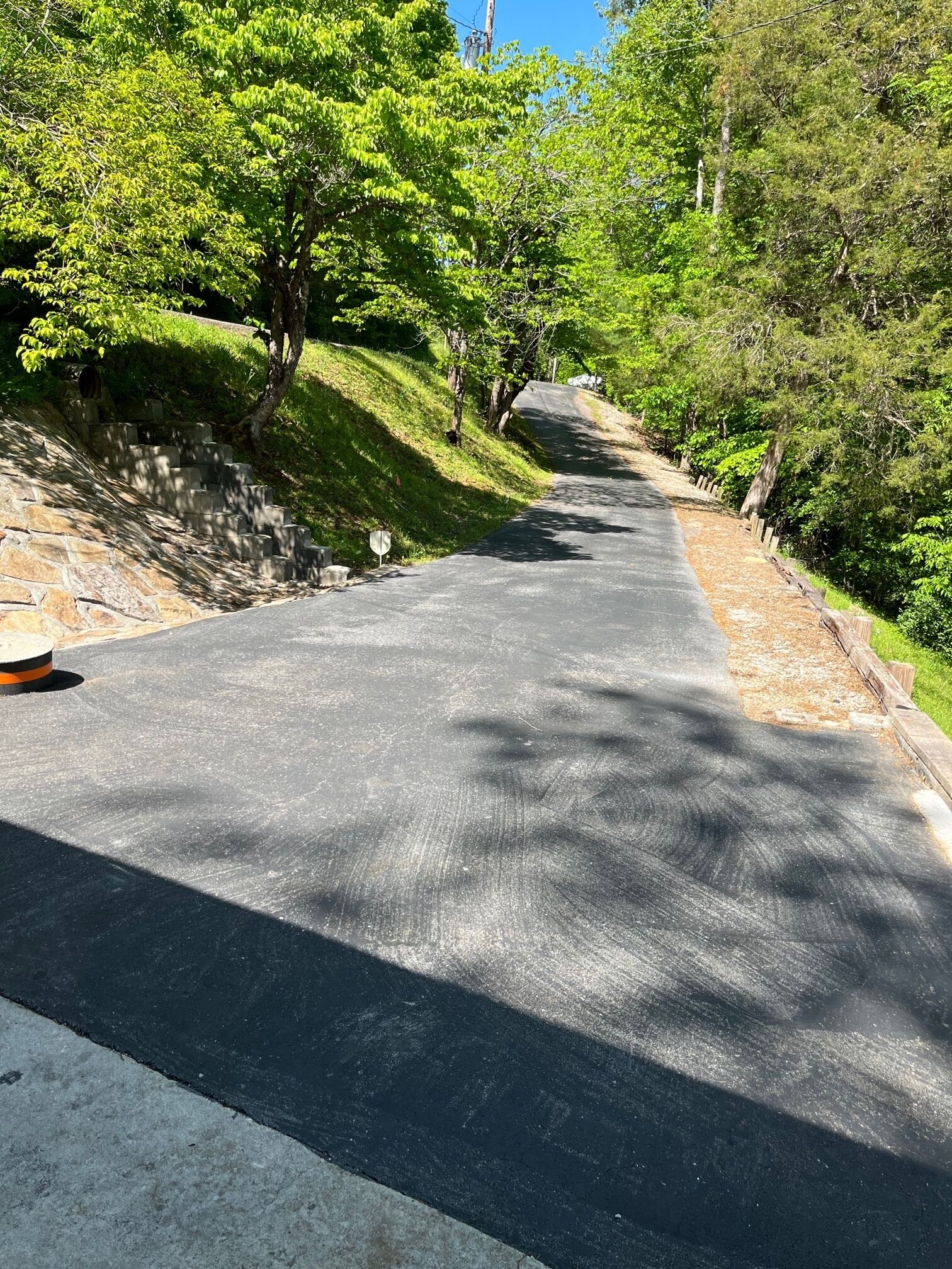 Una carretera pavimentada bordeada de exuberante vegetación y escalones de piedra.