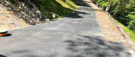 Una carretera pavimentada bordeada de exuberante vegetación y escalones de piedra.