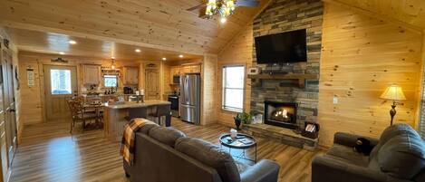 Smart TV, fireplace, video games, DVD player