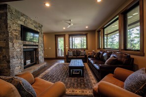 Smart TV, fireplace, books