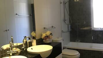 Shower, hair dryer, towels, soap