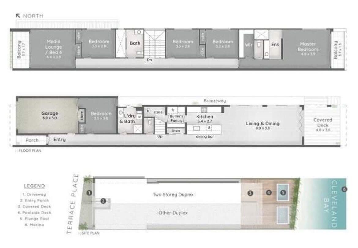 A floor plan of a residential building with a media lounge, multiple bedrooms, a master bedroom, a kitchen, a living area, and a covered deck.