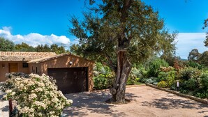 A rustic house with a tiled roof, a garage, and a garden with various plants and a large tree. - Modern villa with private pool and garden, in a secure estate (Porto-Vecchio)