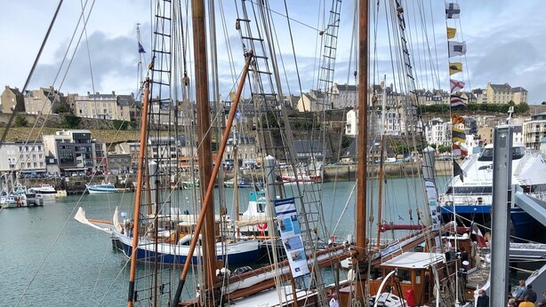A docked tall ship with masts and rigging, surrounded by other boats and a cityscape in the background.