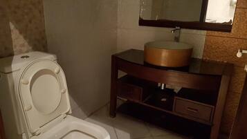 A bathroom with a toilet, a sink, and a mirror.