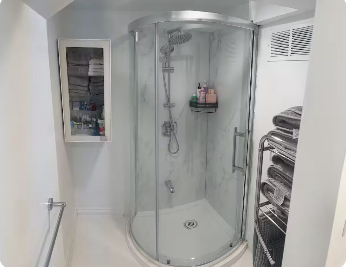 Hair dryer, towels, soap, shampoo