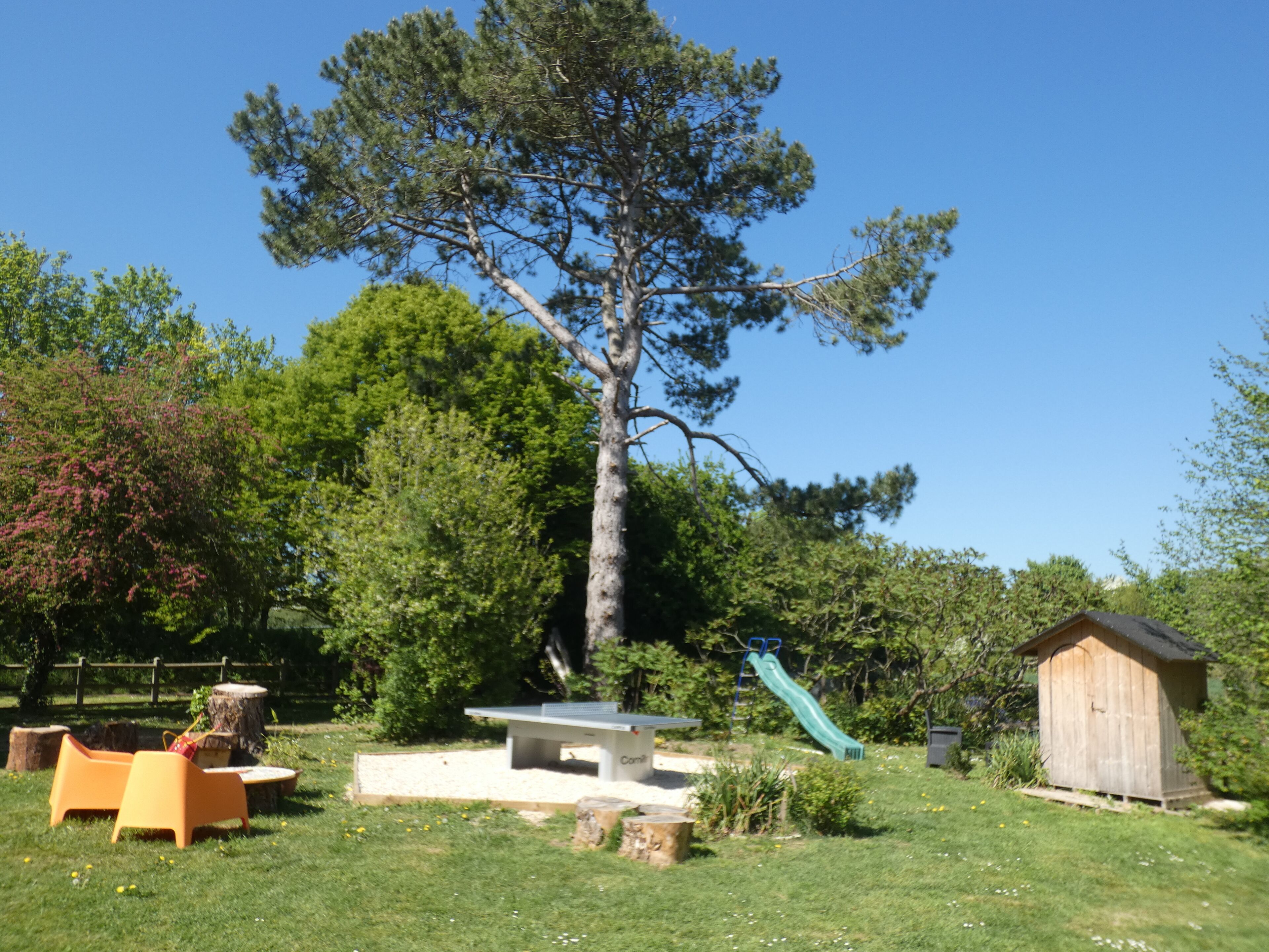 Un jardin avec une table de pique-nique, un toboggan, un abri en bois et un grand arbre.