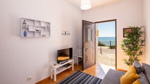A living room with a TV, shelves, a door leading to a balcony, and a plant.