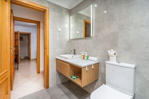 Bañera, secador de pelo, jabón y champú