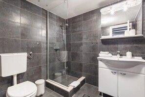 Shower, hair dryer, towels, toilet paper