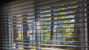 Una habitación con persianas horizontales, vista a árboles y un cuerpo de agua a través de la ventana.