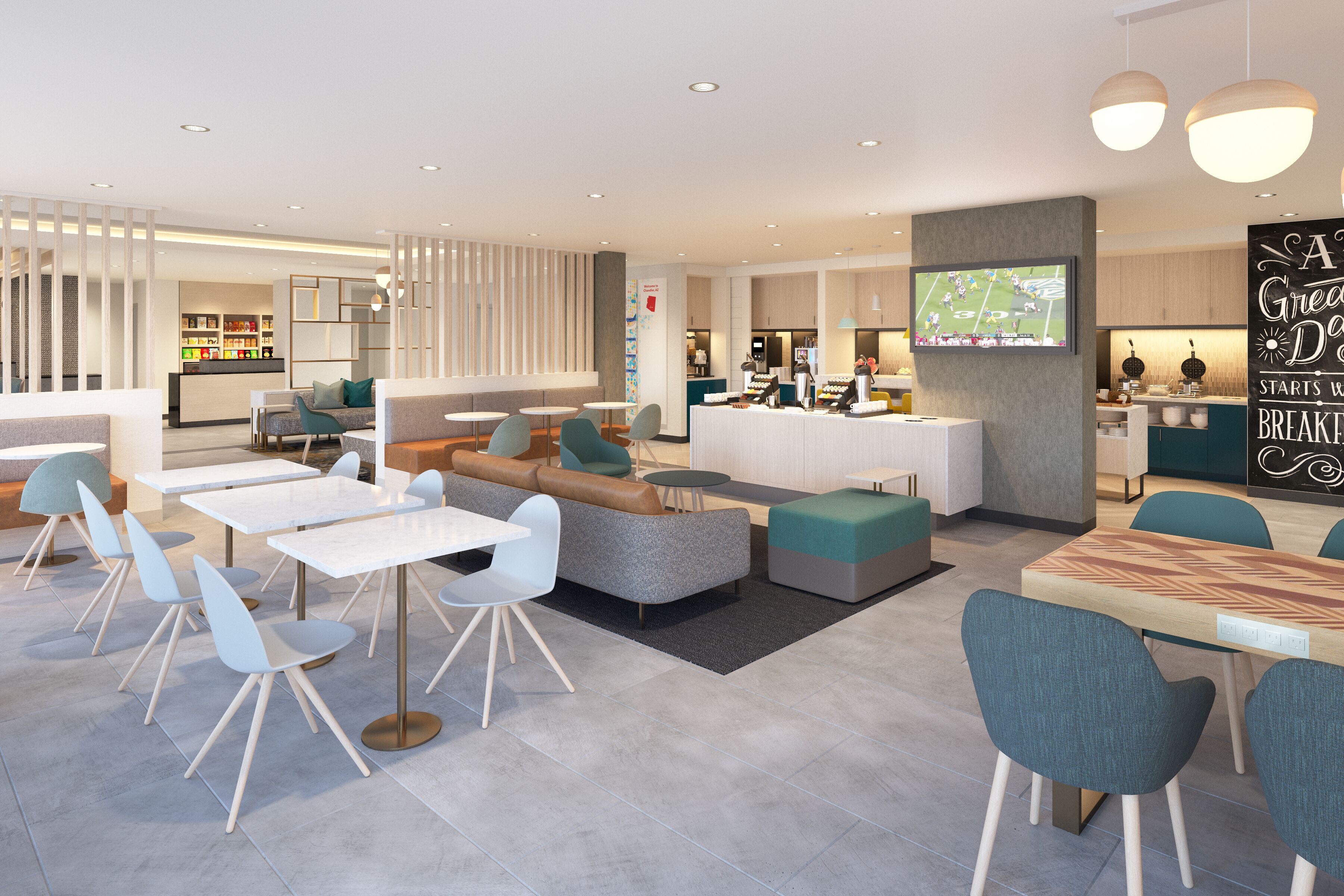 A modern hotel lobby with seating areas, a reception desk, and a TV screen displaying a sports game.