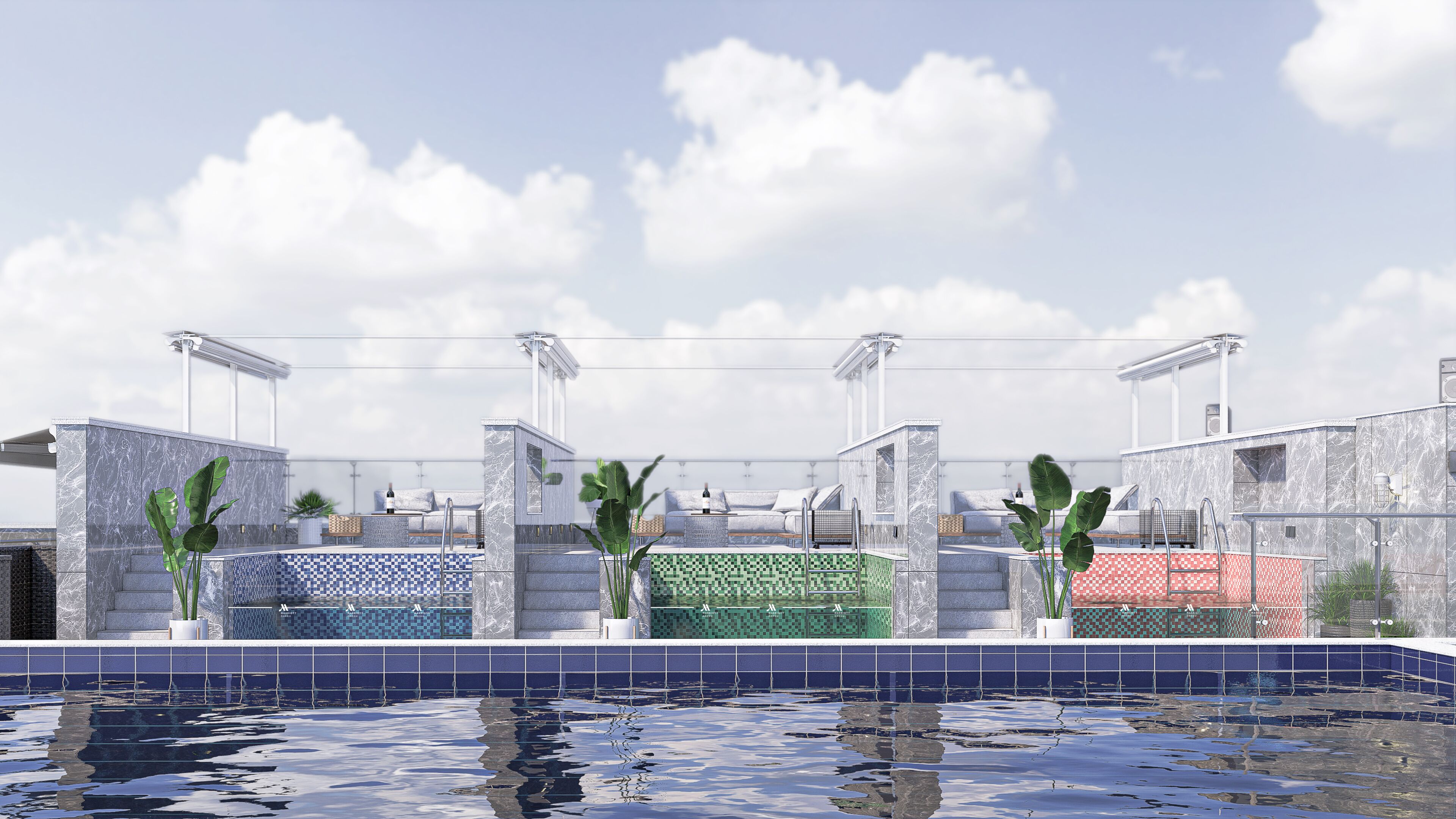 A rooftop pool area with a clear view of the sky and clouds.