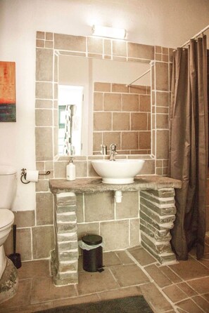Ein Badezimmer mit einem Waschbecken aus Stein, einem Spiegel, einer Toilette und einer Duschkabine.