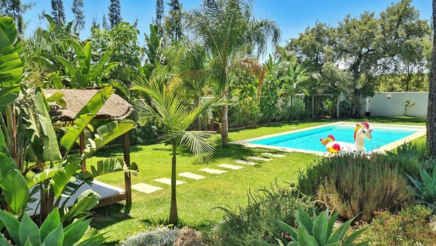 A swimming pool surrounded by lush greenery and a thatched-roof structure. - VILLA OASIS : Ideal for families and groups. (Arcos De La Frontera)